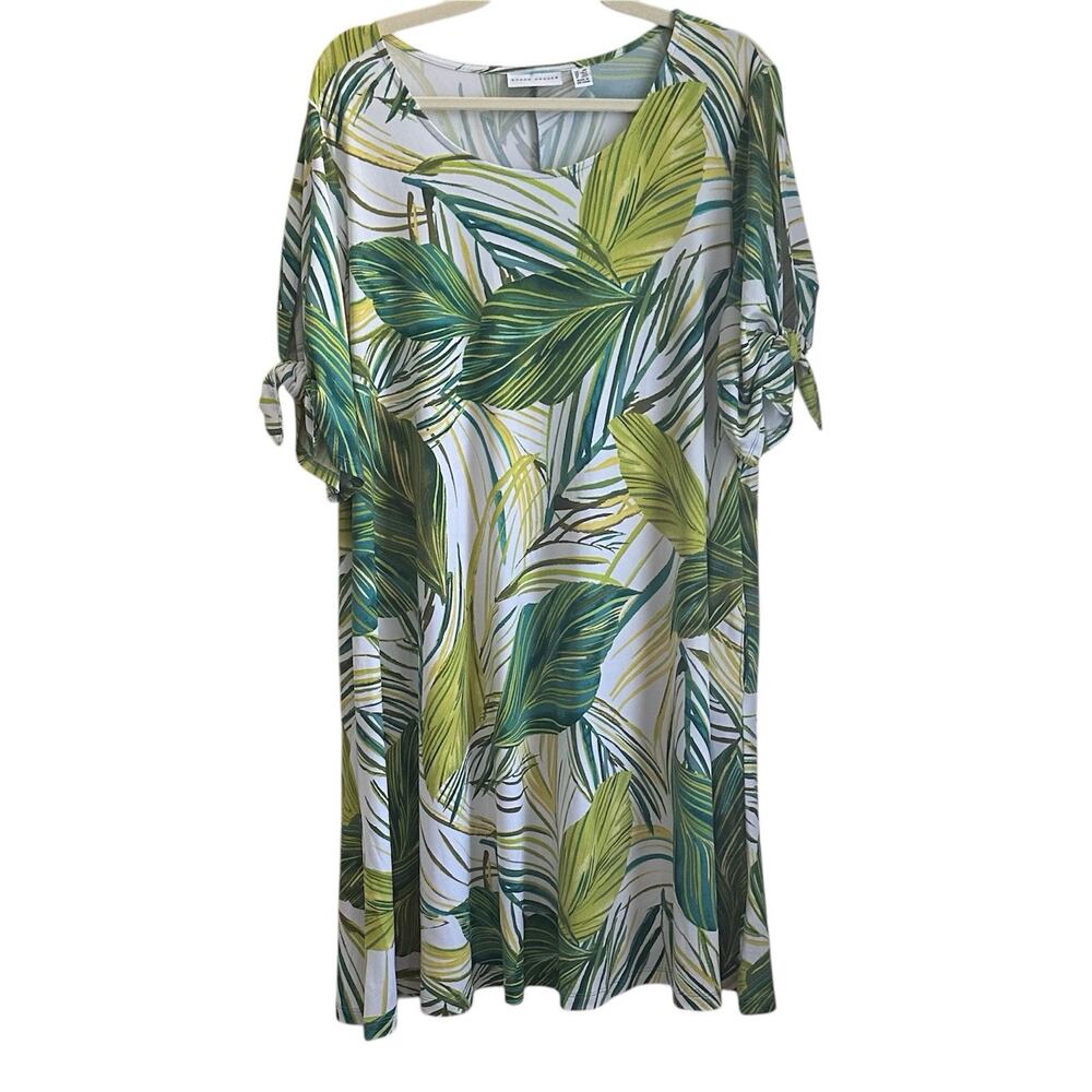 Susan Graver Dress Size 1XP Green Cold Shoulder Tropical Floral